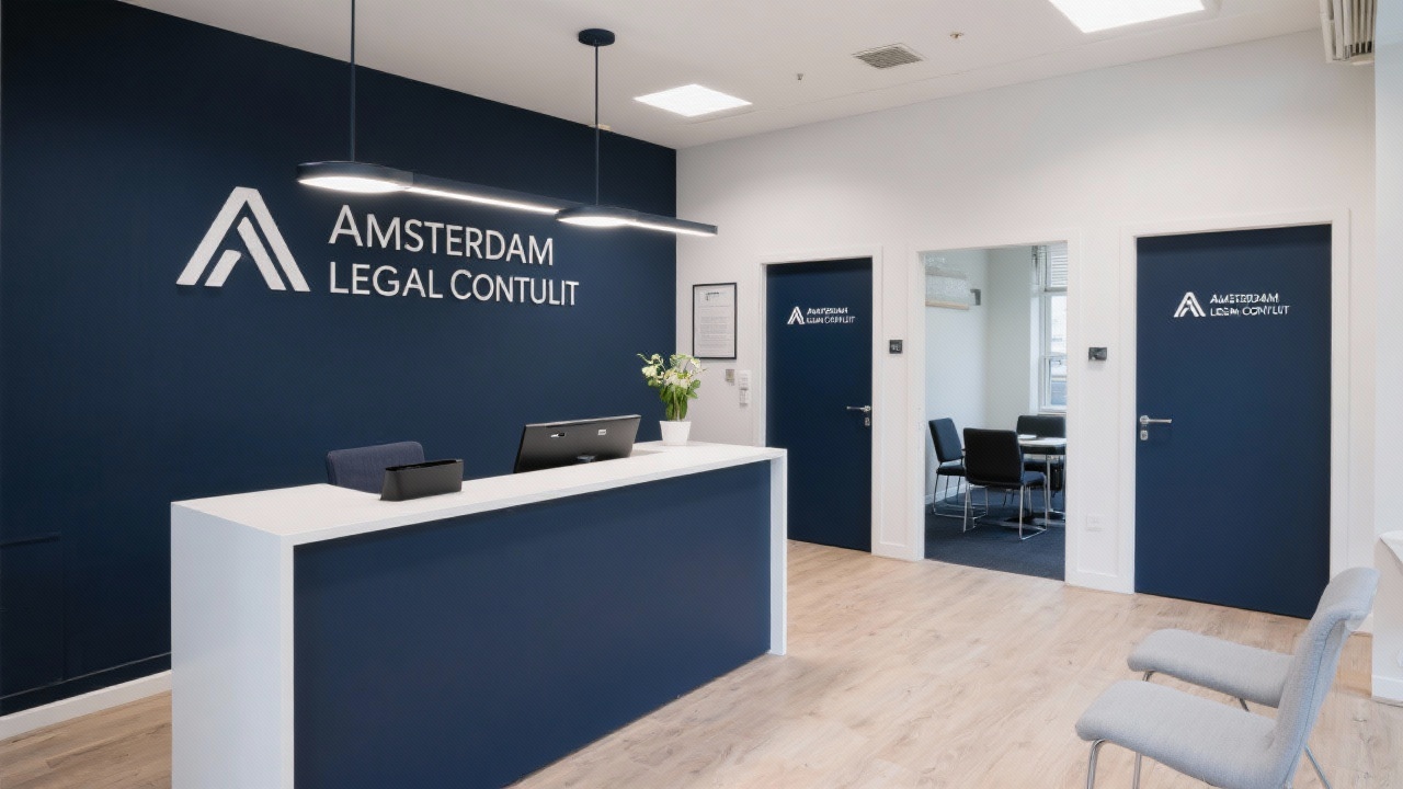 Reception area of Amsterdam Legal Consult with welcoming desk, navy branding and consultation rooms ready for clients