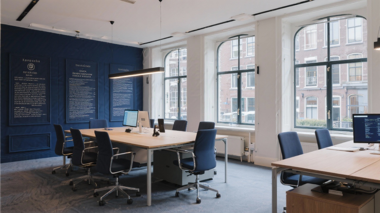 Contemporary law office interior in Amsterdam with large windows, navy accents, legal texts and digital collaboration tools ready for strategic client meetings