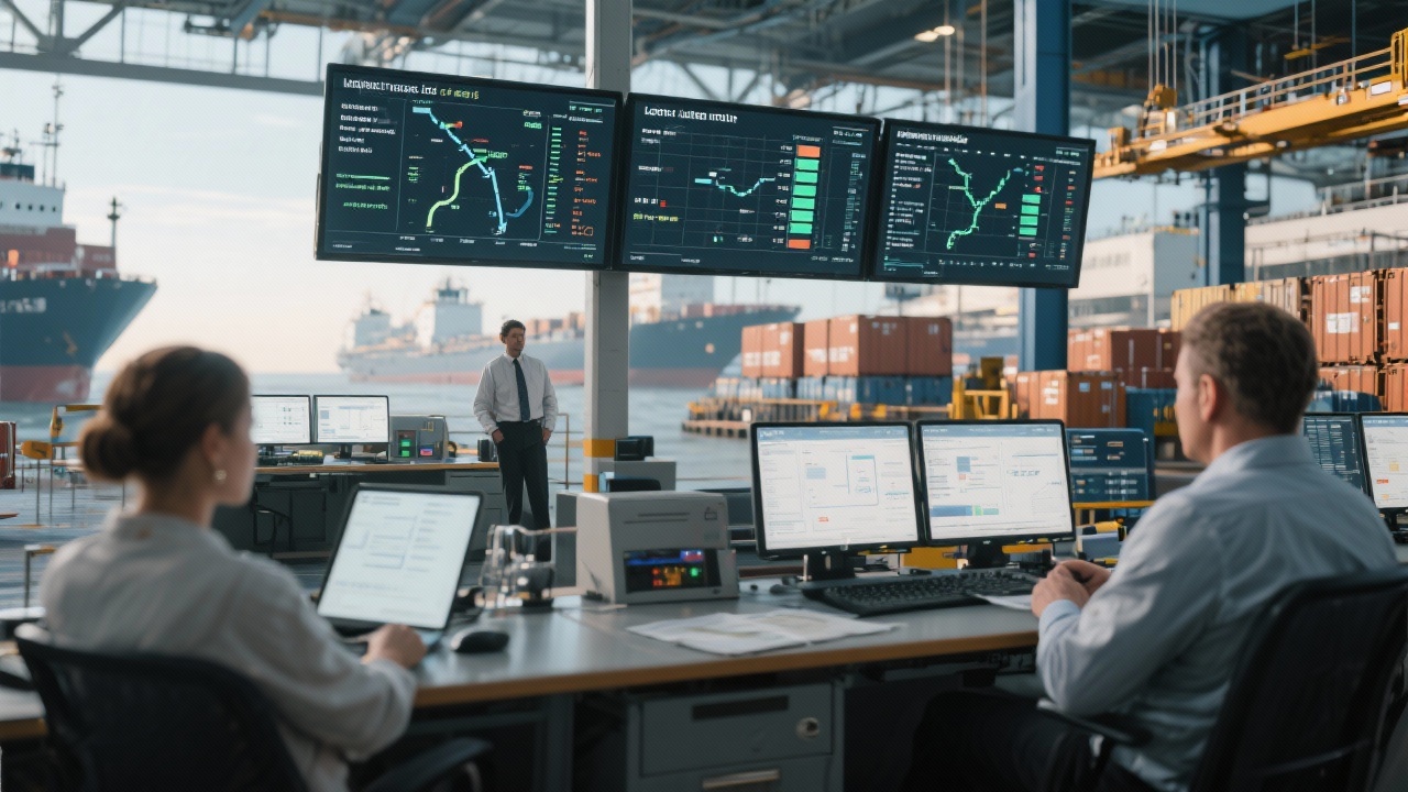 Modern maritime logistics terminal with cargo tracking screens and legal compliance briefing for shipping operations