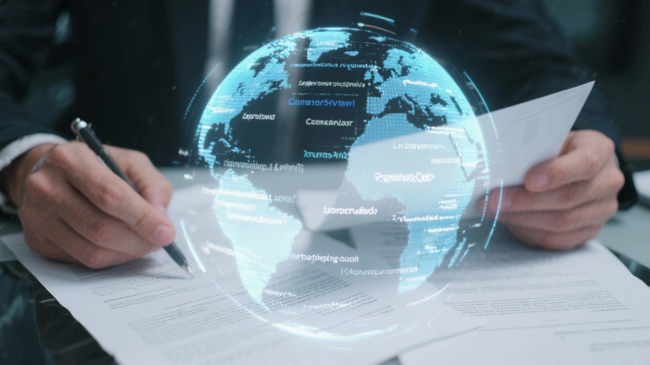 Legal professional reviewing multilingual contracts with digital globe hologram representing cross-border international law engagements for corporate clients